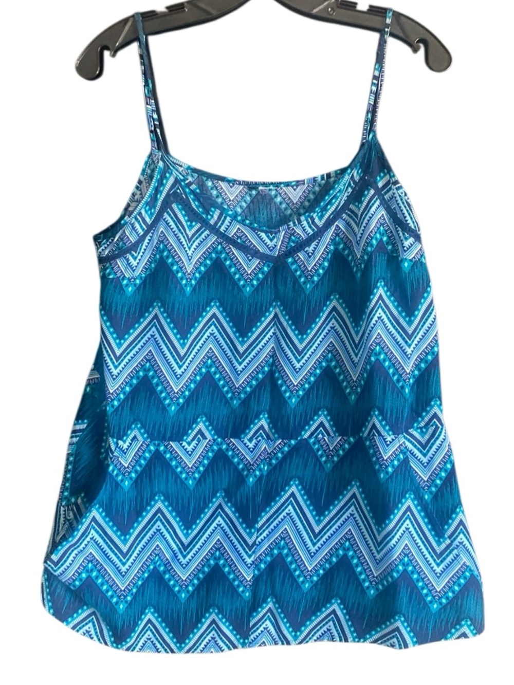 H&M Turquoise/Navy Chevron Print Top with Pockets. Size Large.